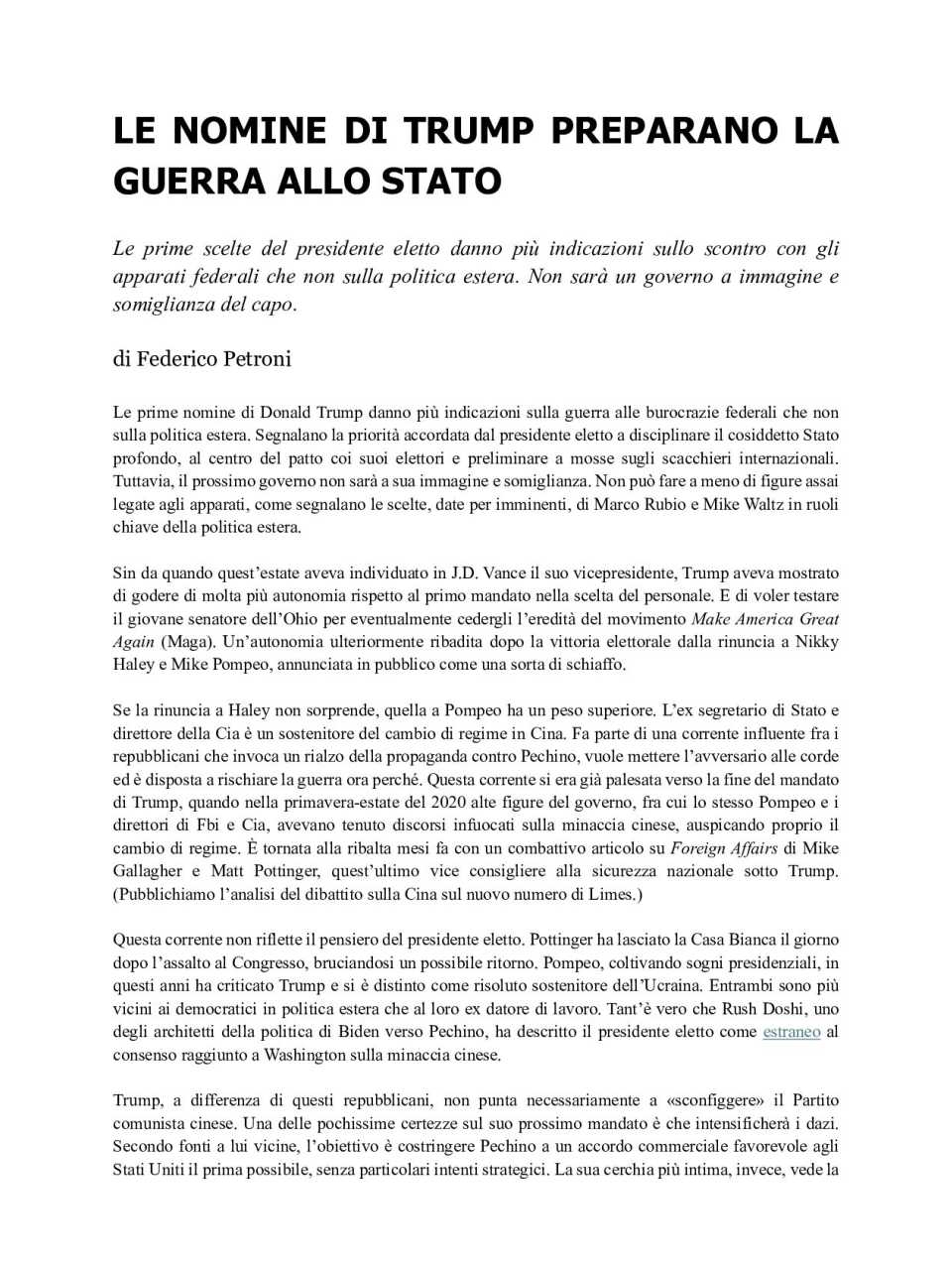 Le nomine di Trump preparano la guerra allo Stato